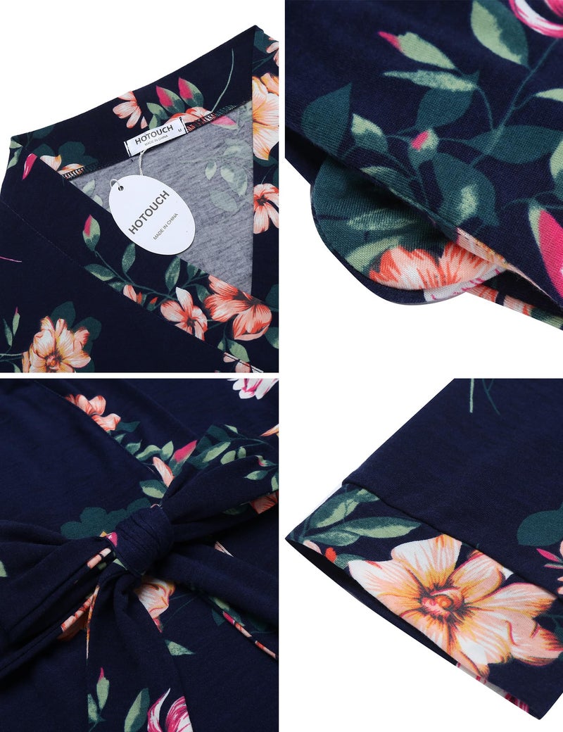 HOTOUCH Bathrobe for Women Short Knit Summer Knee Length Robes 3/4 Sleeve Robe Loungewear Navy Floral M - Image 5
